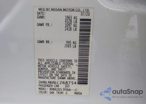 2020 Nissan Altima S Fwd z USA, uszkodzony, nr VIN 1N4BL4BV6LC268754